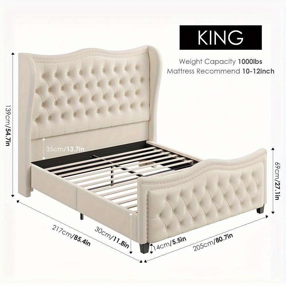 55" Velvet Wingback Platform Bed - Handmade Pleats, Deep Button Tufted, Tall Footboard, No Box Spring Required, Wood Slat Support, Upholstered Headboard, Queen/Full/King Size - Sturdy, Stylish, and Comfortable Sleeping Solution