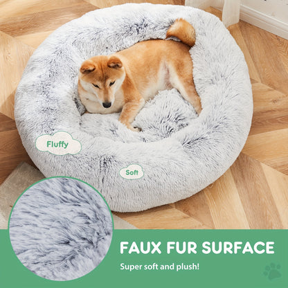 Fluffy Plush Calming Pet Bed For Dogs And Cats - Washable Anti-Slip Round Bed For Pets - Grey Color