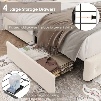 Velvet Upholstered Platform Bed - Bed Frames with 4 Storage Drawers, Adjustable Button Tufted Headboard, USB Ports, and Modern Beige Design for Ultimate Comfort and Convenience