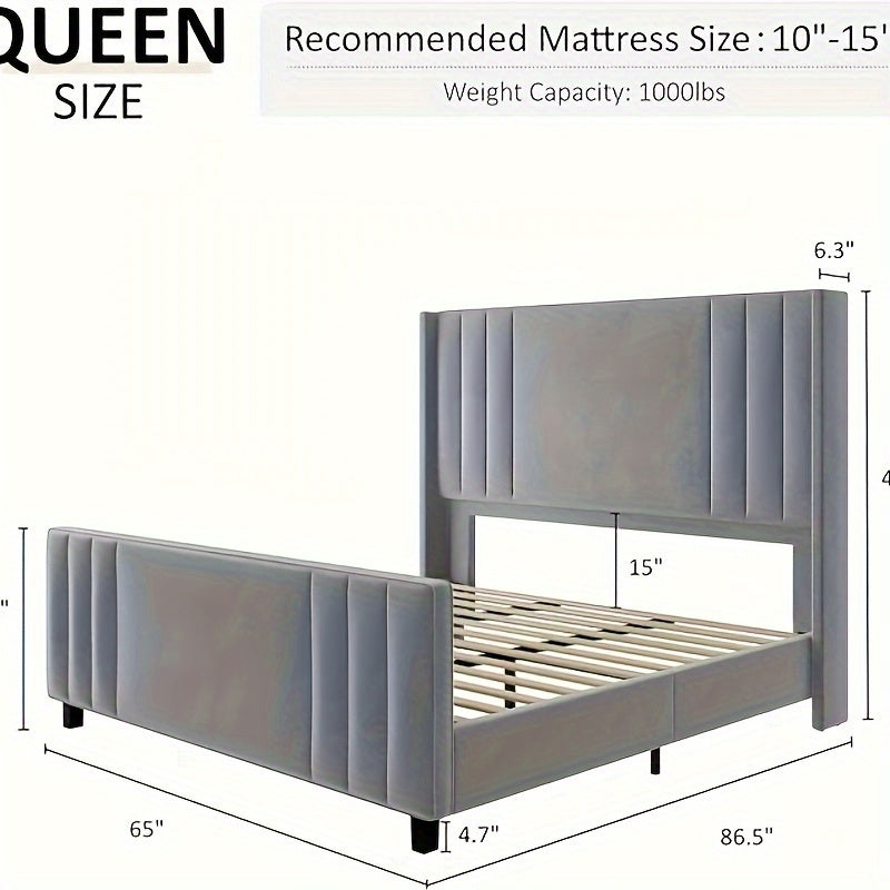 Velvet Upholstered Bed Frames with Vertical Channel Tufted Headboard & Footboard/Wingback, Mattress Foundation with Wooden Slats Support, No Box Spring Needed/Noise Free