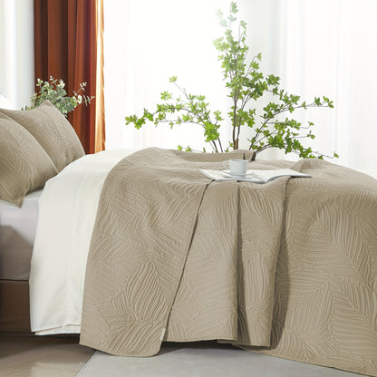 3 Piece Solid Color Ultrasonic Leaf Texture Coverlet Set