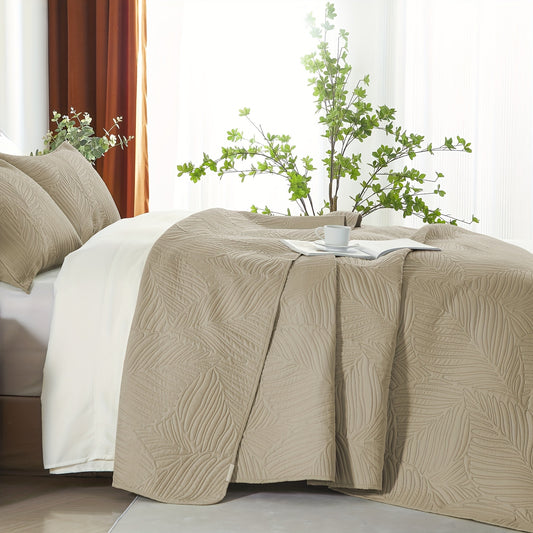 3 Piece Solid Color Ultrasonic Leaf Texture Coverlet Set