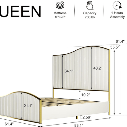 Velvet Upholstered Platform Bed with Gold Trim, 61.4" High Headboard, Footboard, and Wooden Slats - No Box Spring Necessary