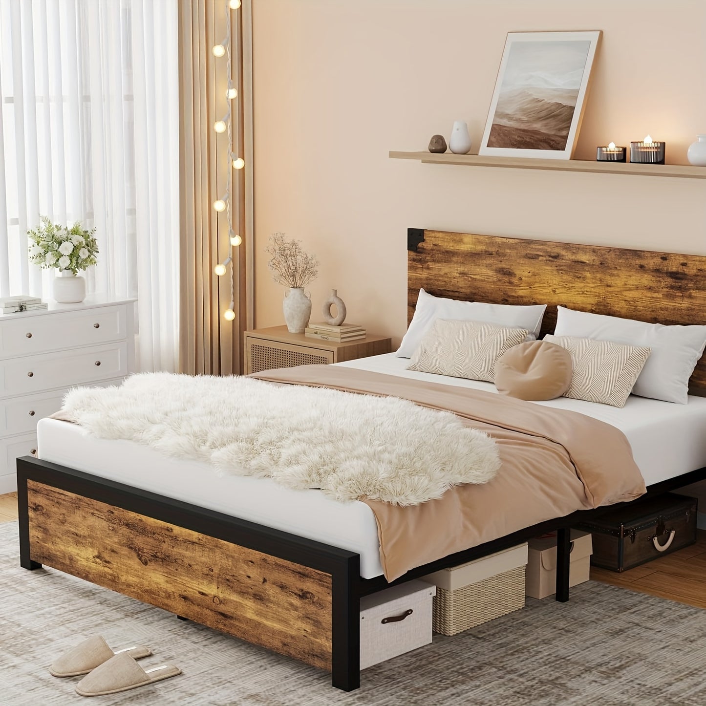 Queen Bed Frame, Queen Size Bed Frame Headboard, Queen Platform Bed Frame With Under Bed Storage And Metal Legs, Noise Free, No Box Spring Needed, Easy Assembly-Rustic Brown