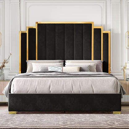 King Platform Bed Frame, 61.4"/65" Velvet Upholstered Bed With Golden Trim Headboard/Wooden Slats/No Box Spring Needed Black