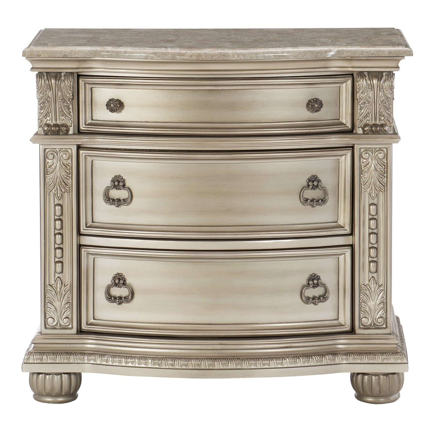 Silver Finish European Design 1pc Nightstand w Genuine Marble Top Traditional Bedroom Furniture