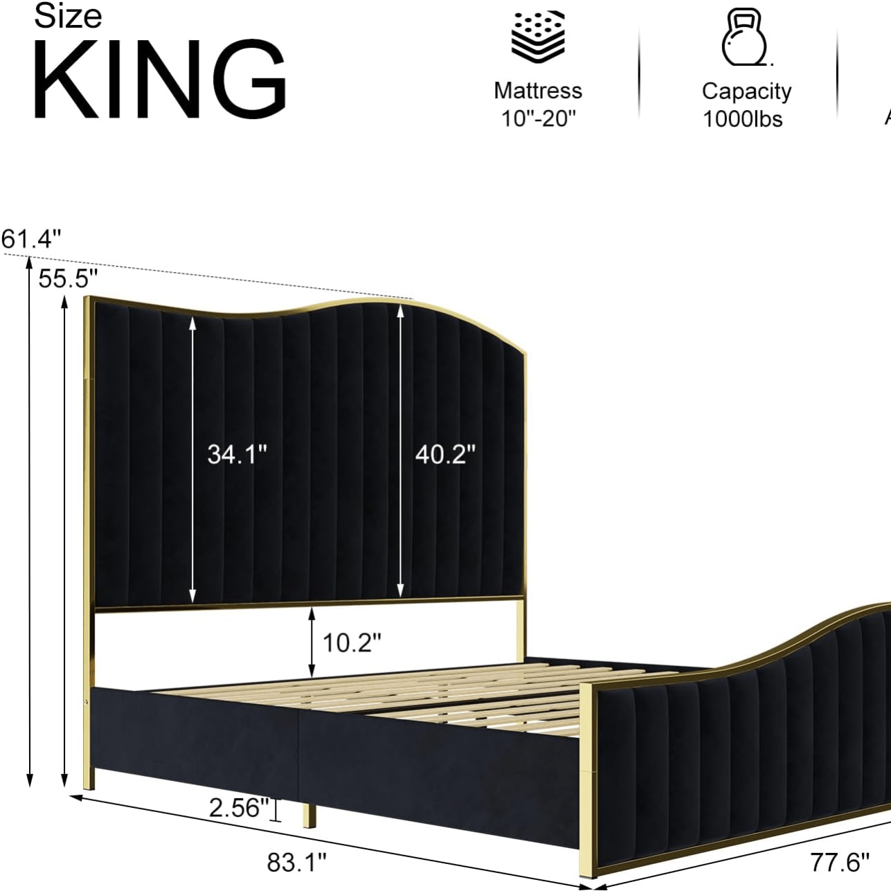 Velvet Upholstered Platform Bed with Gold Trim, 61.4" High Headboard, Footboard, and Wooden Slats - No Box Spring Necessary