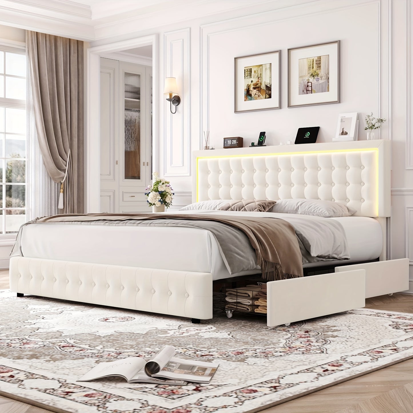 Velvet Upholstered Platform Bed - Bed Frames with 4 Storage Drawers, Adjustable Button Tufted Headboard, USB Ports, and Modern Beige Design for Ultimate Comfort and Convenience