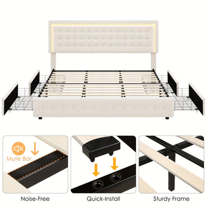 Velvet Upholstered Platform Bed - Bed Frames with 4 Storage Drawers, Adjustable Button Tufted Headboard, USB Ports, and Modern Beige Design for Ultimate Comfort and Convenience