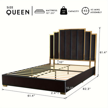 King Platform Bed Frame, 61.4"/65" Velvet Upholstered Bed With Golden Trim Headboard/Wooden Slats/No Box Spring Needed Black