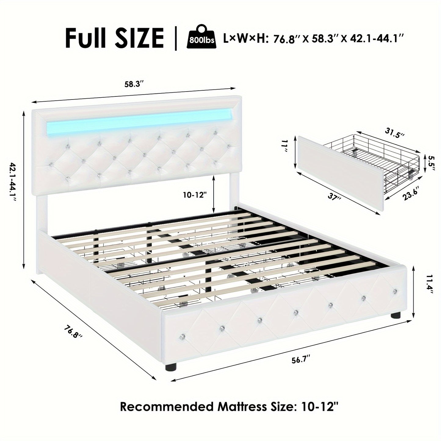 Full/Queen/King Size Upholstered Bed Frame With LED Lights Headboard And 4 Drawers, Platform Bed With Crystal Button Tufted Headboard, No Box Spring Needed, Faux Leather/Velvet Fabric, White/Black/Velvet Beige