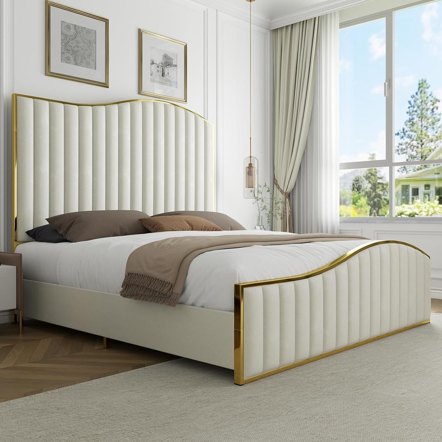 Velvet Upholstered Platform Bed with Gold Trim, 61.4" High Headboard, Footboard, and Wooden Slats - No Box Spring Necessary