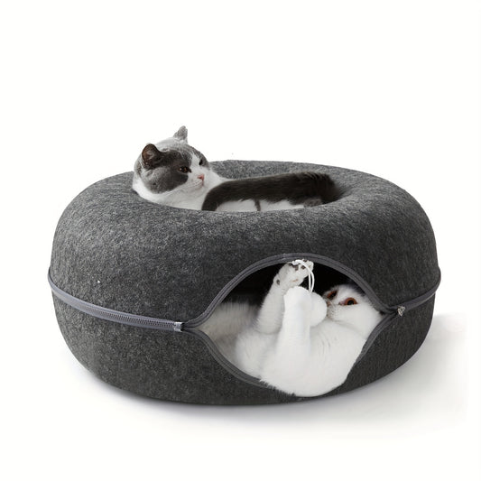 Cat Tunnel Bed with Toy Balls for Multiple Cats and Large Cats, Peekaboo Cat Litter for Indoor Cats, Large Donut Cat Bed and Litter Box, Large Tooth Zipper, Removable and Washable Scratching Cat Tunnel