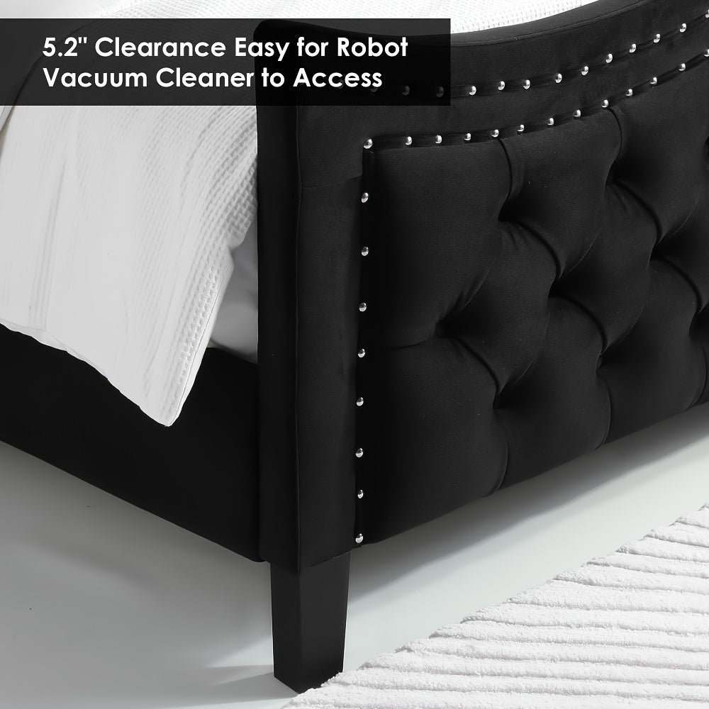 55" Velvet Wingback Platform Bed - Handmade Pleats, Deep Button Tufted, Tall Footboard, No Box Spring Required, Wood Slat Support, Upholstered Headboard, Queen/Full/King Size - Sturdy, Stylish, and Comfortable Sleeping Solution